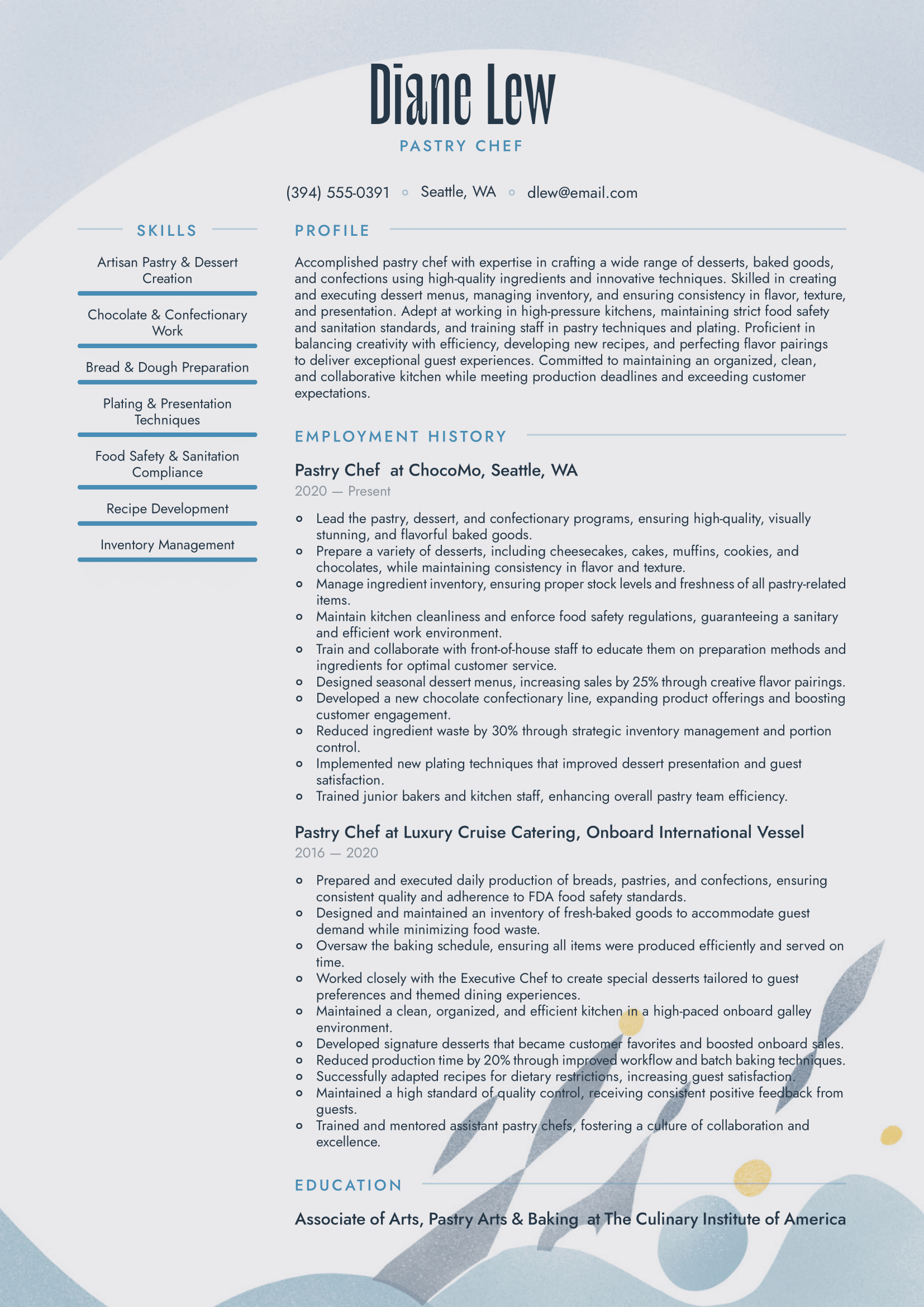 Pastry Chef resume example & writing guide