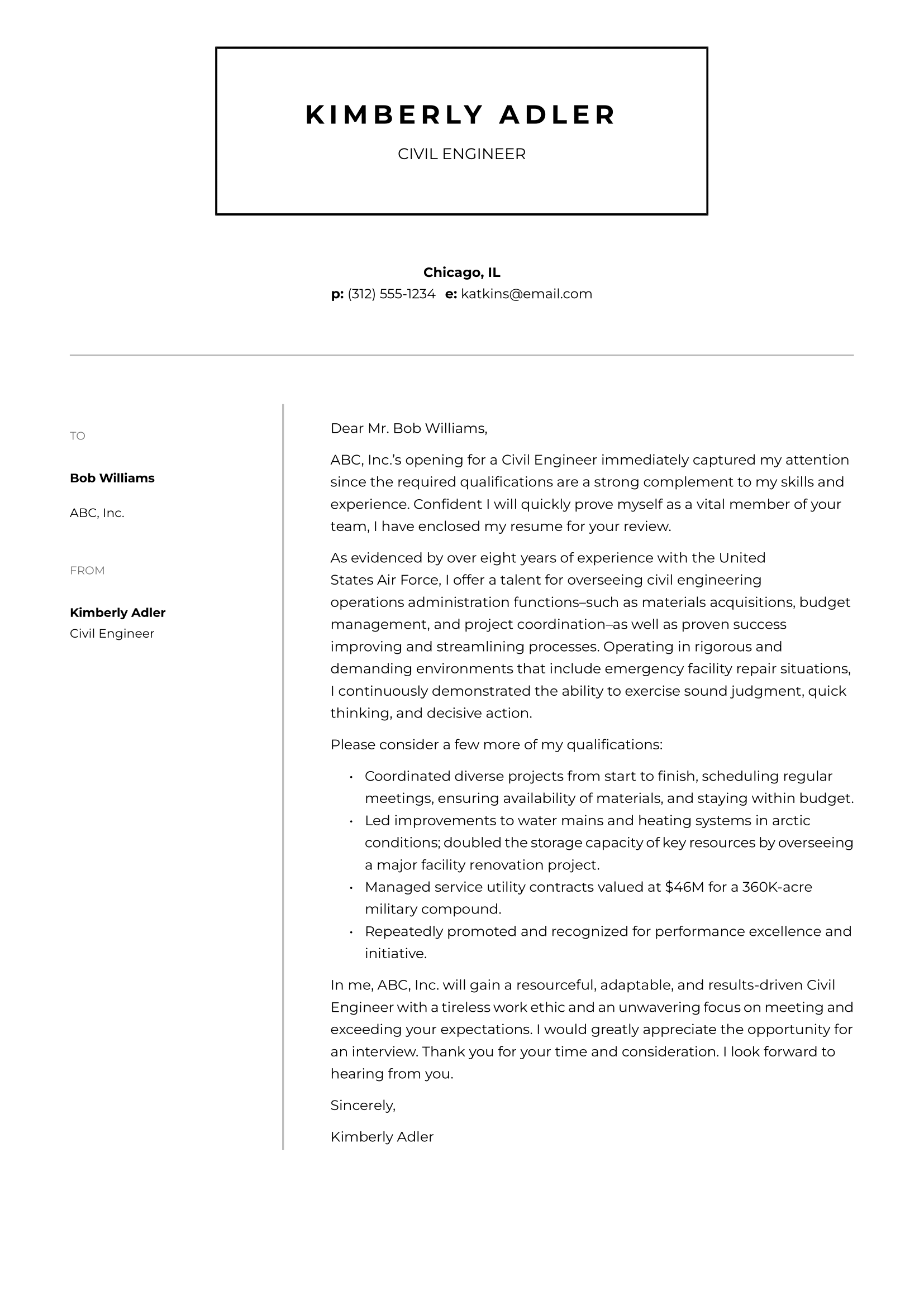 Civil Engineer Cover Letter Example & Writing Guide