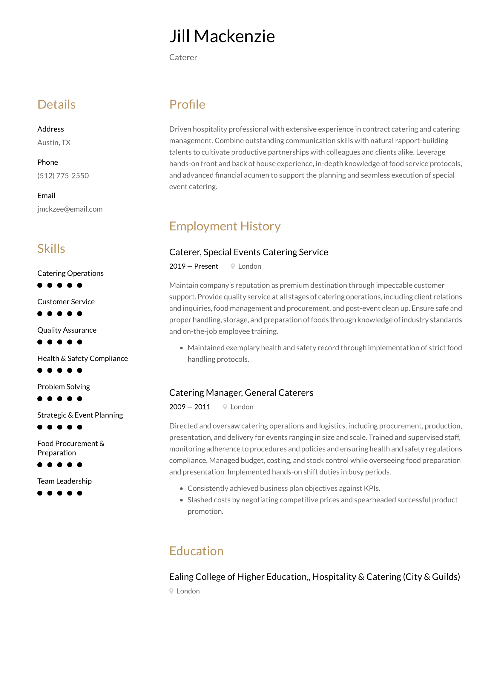 Caterer Resume Example & Writing Guide