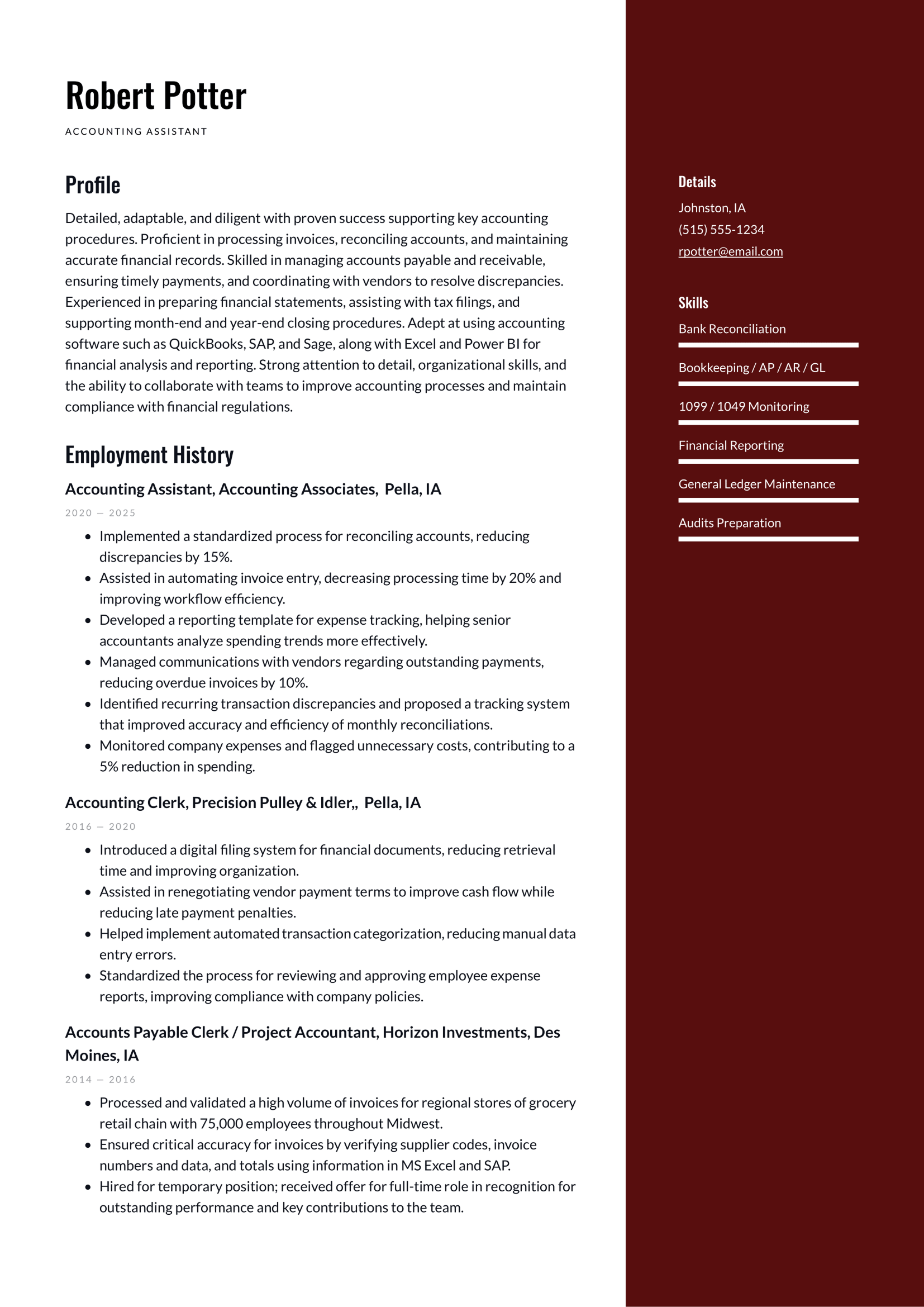 Accounting Assistant resume example & writing guide