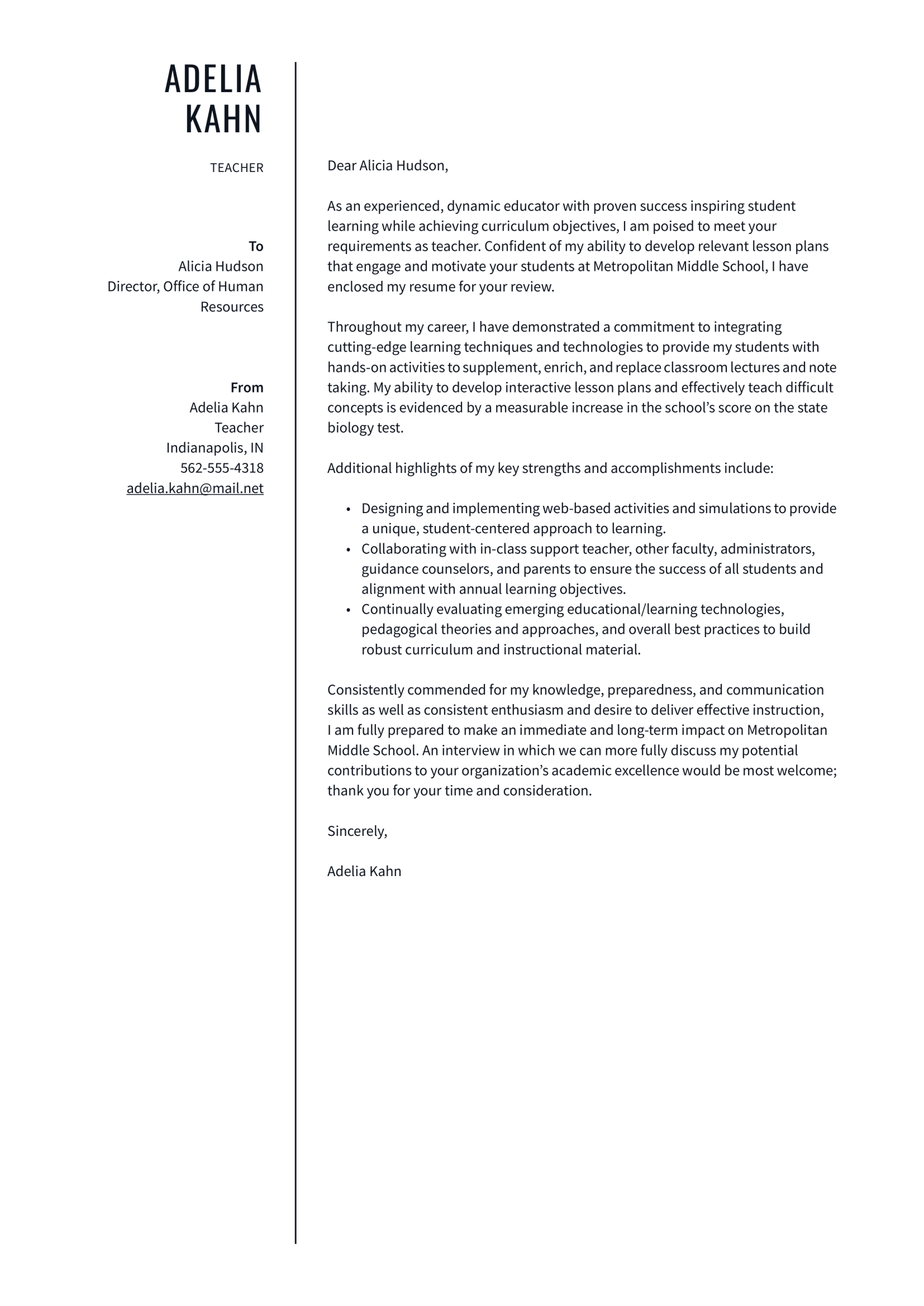 Teacher cover letter example