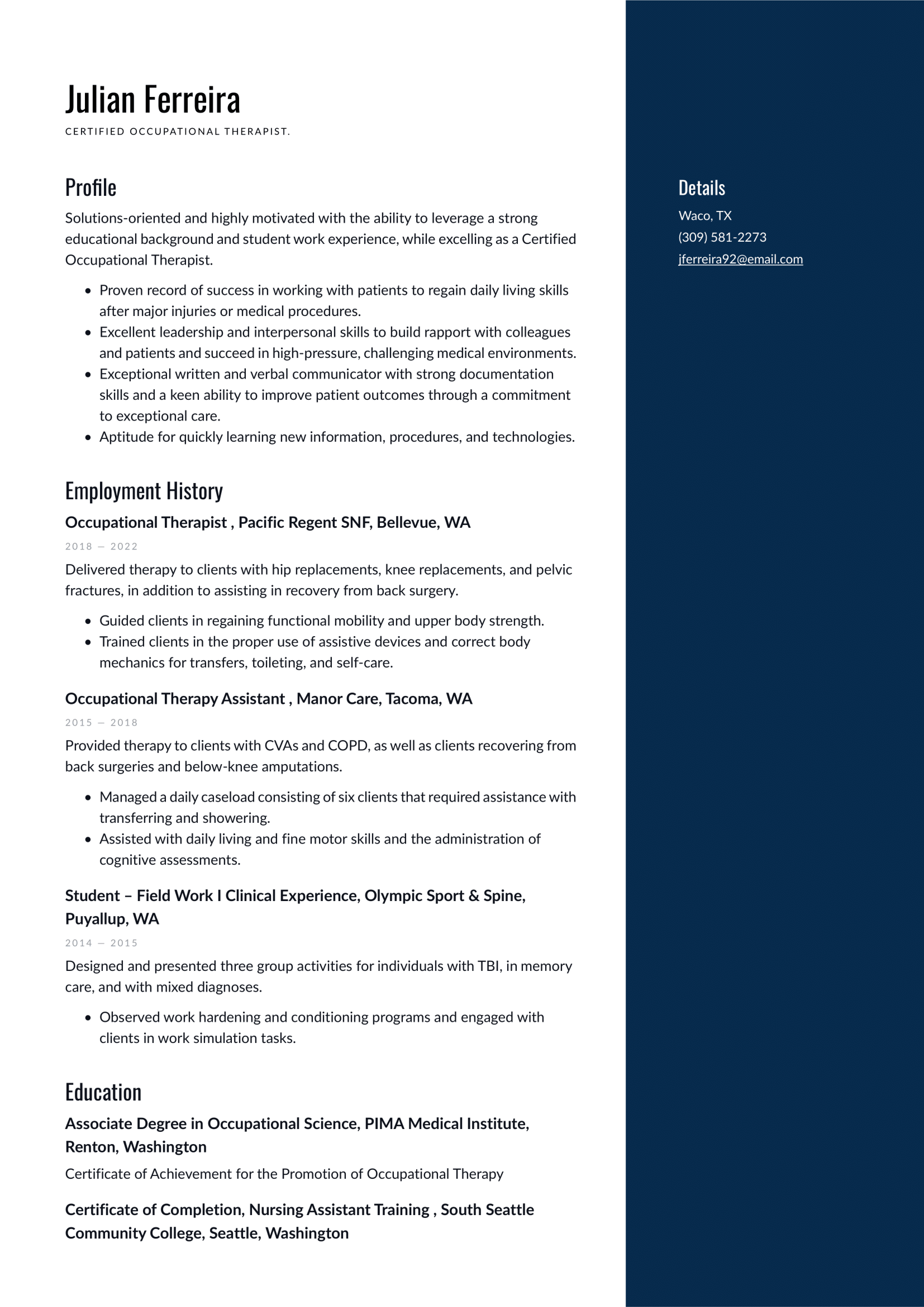 Occupational Therapist Resume Example