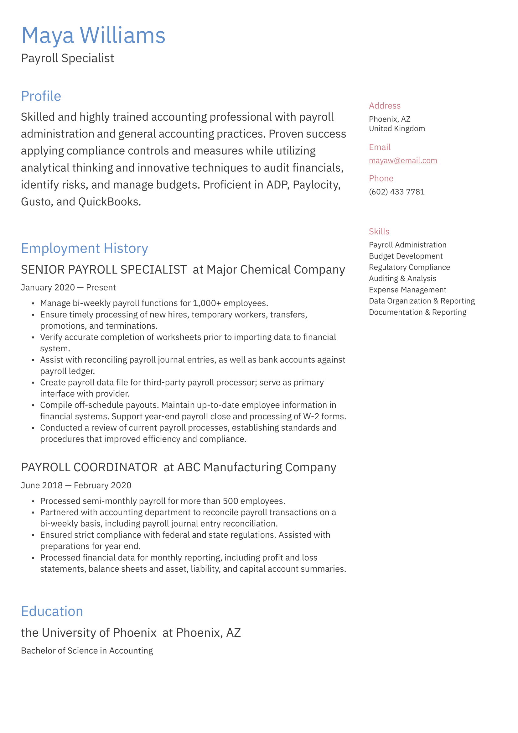 Payroll Specialist Resume Example Writing Guide   Payroll Specialist Resume Example 