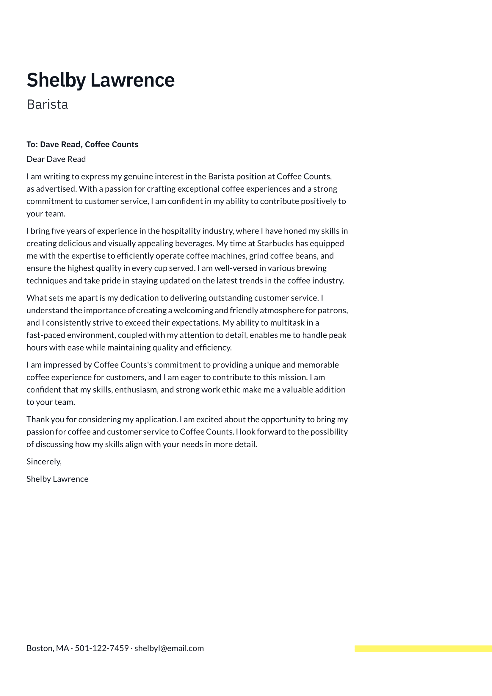 Barista Cover Letter Example & Writing Guide