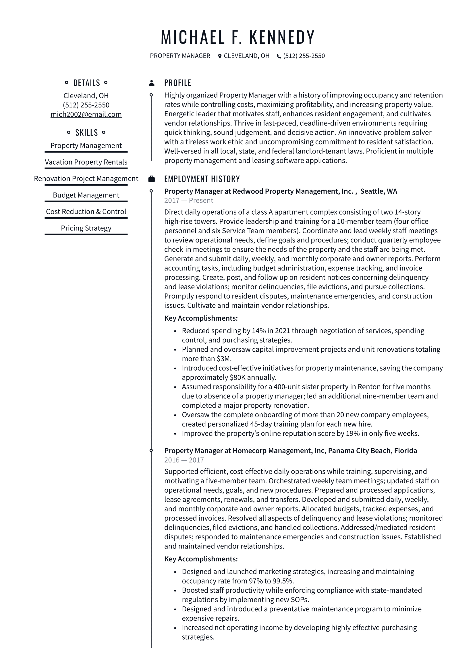 Property Manager Resume Example & Writing Guide