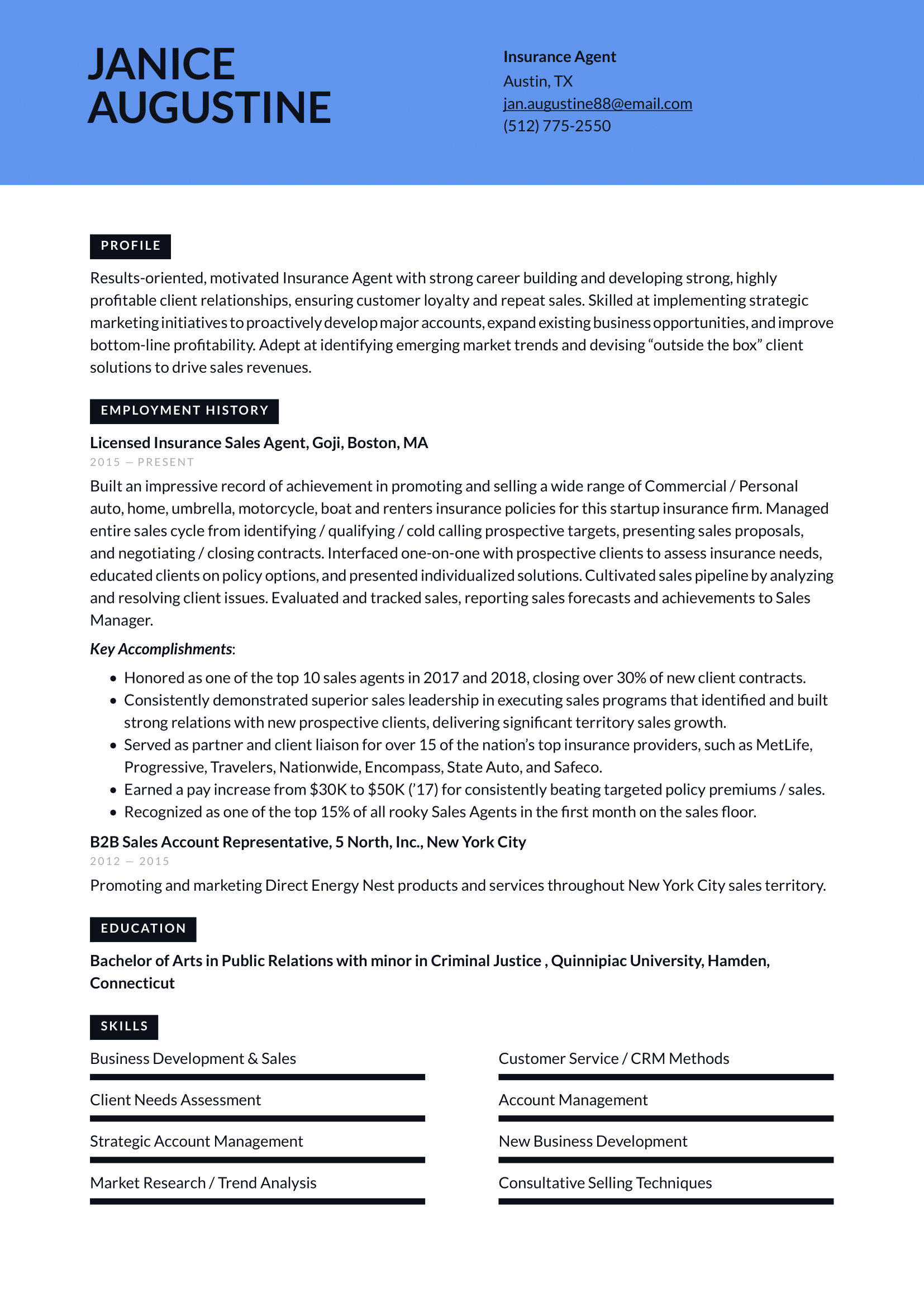 Insurance Agent Resume Example & Writing Guide
