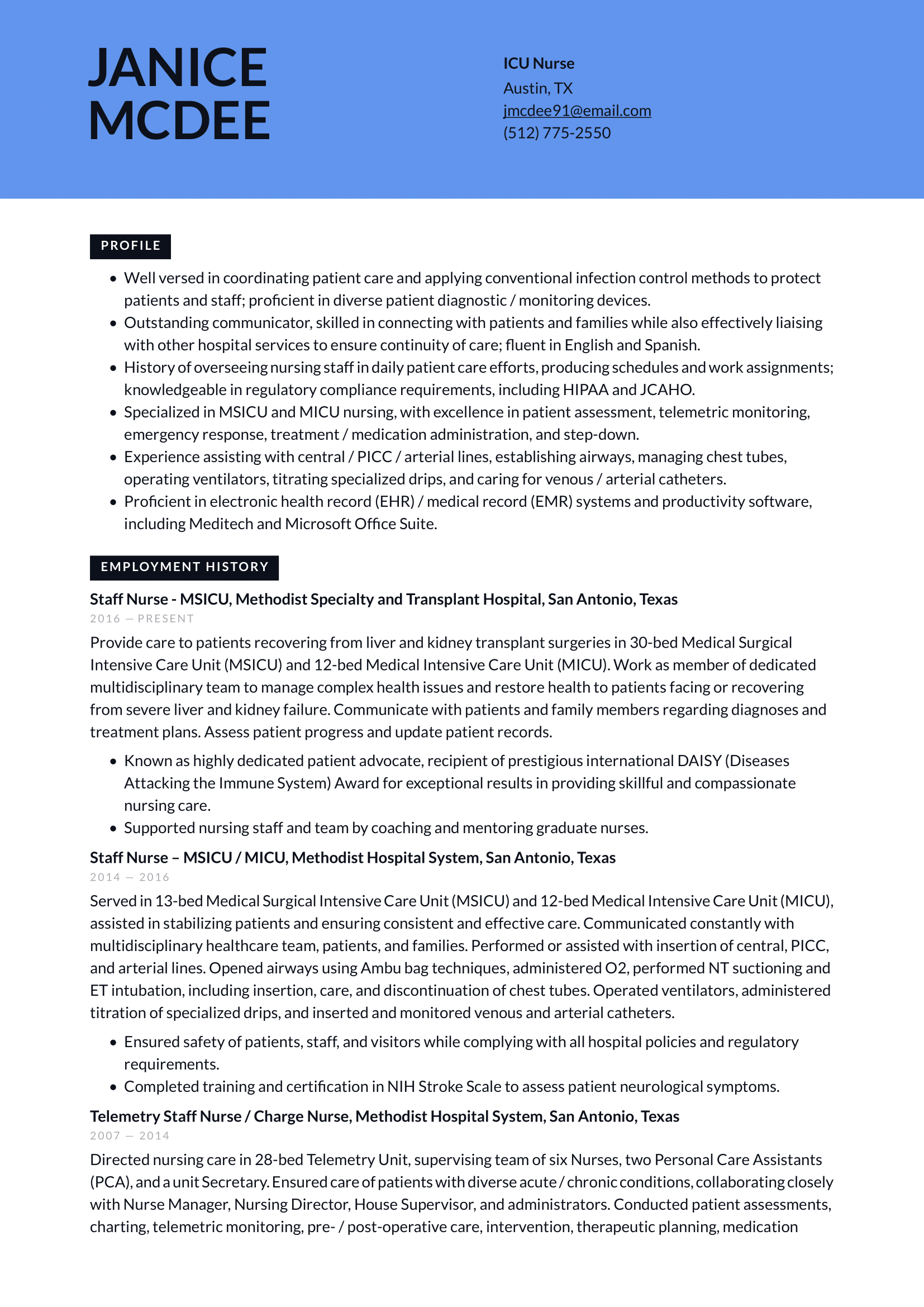 ICU Nurse Resume Example & Writing Guide