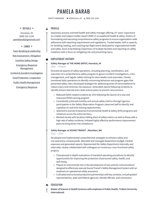Safety Manager Resume Example & Writing Guide