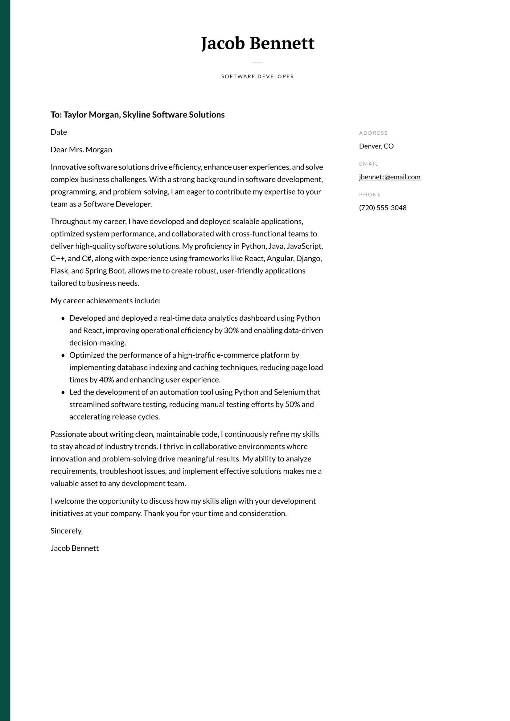 Software Developer cover letter example & writing guide
