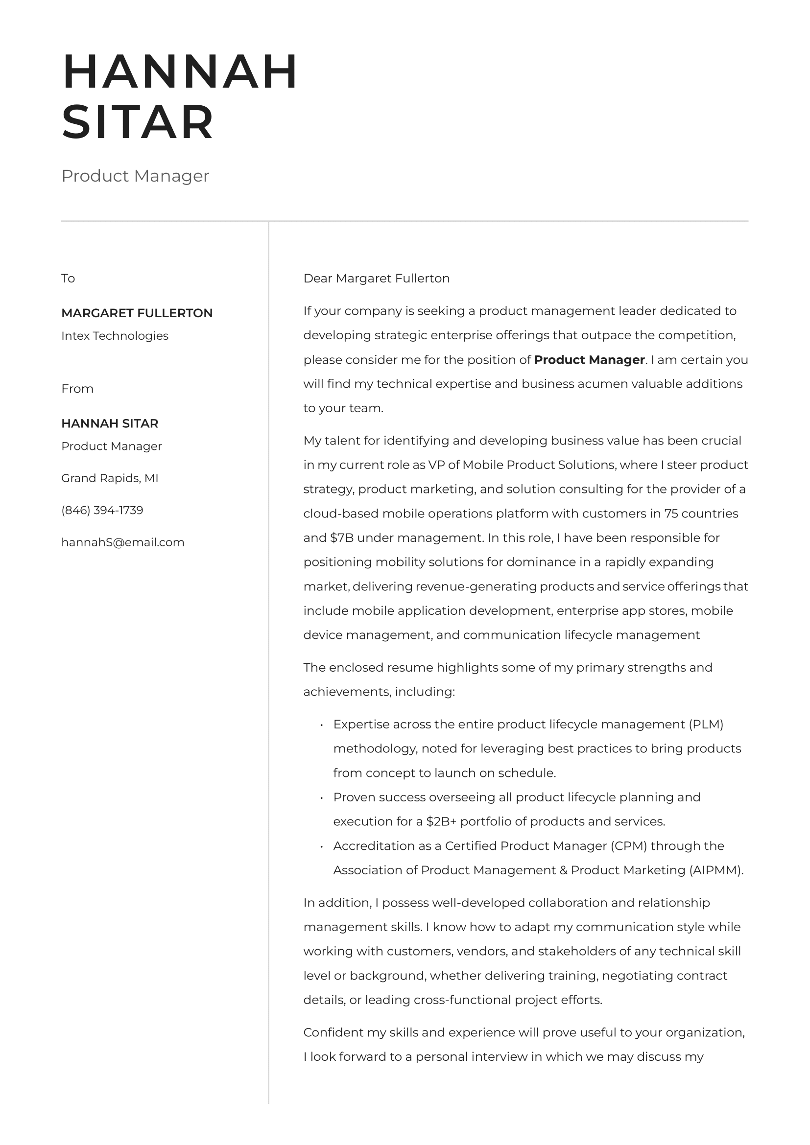 Product Manager cover letter example & writing guide