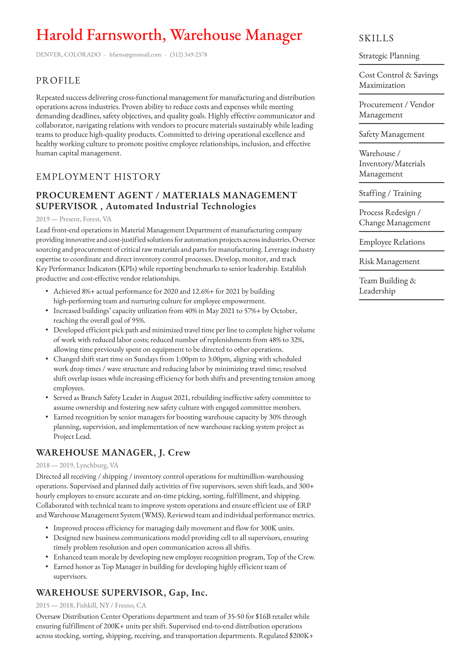 Warehouse Manager Resume Example & Writing Guide