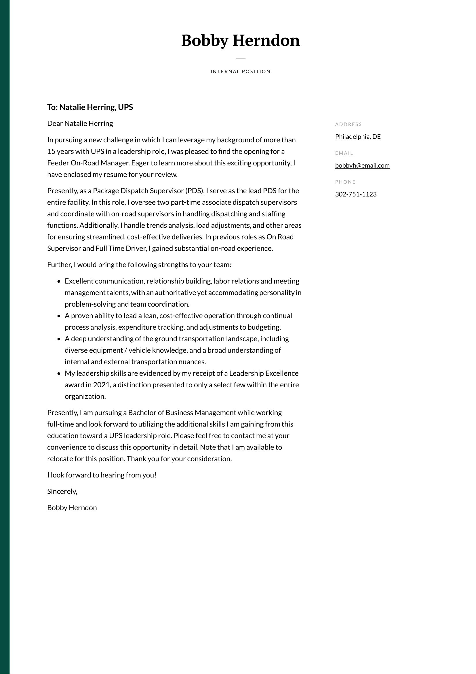 Internal Position Cover Letter Example 