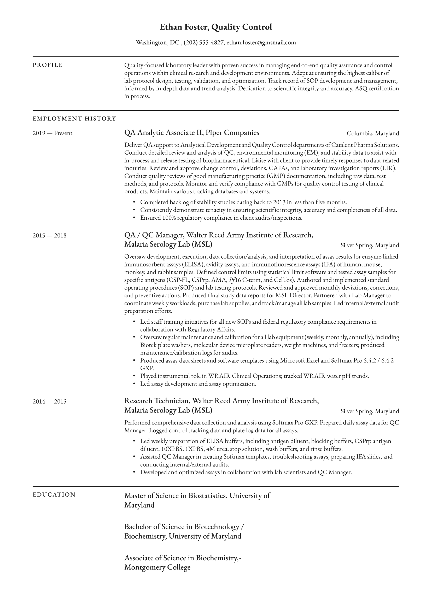 Quality Control Resume Example and Writing Guide