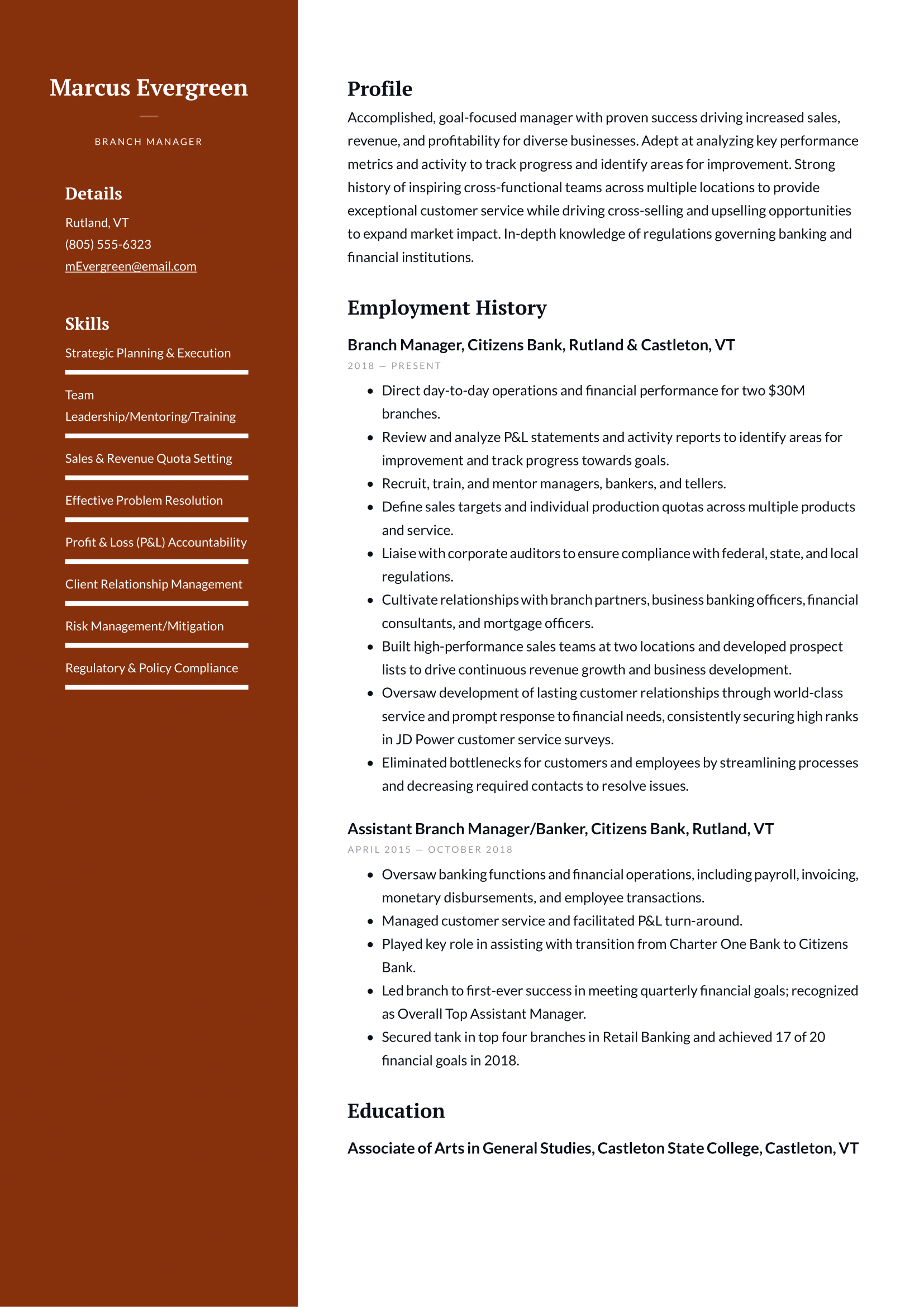 Branch Manager (Bank) Resume Example & Writing Guide