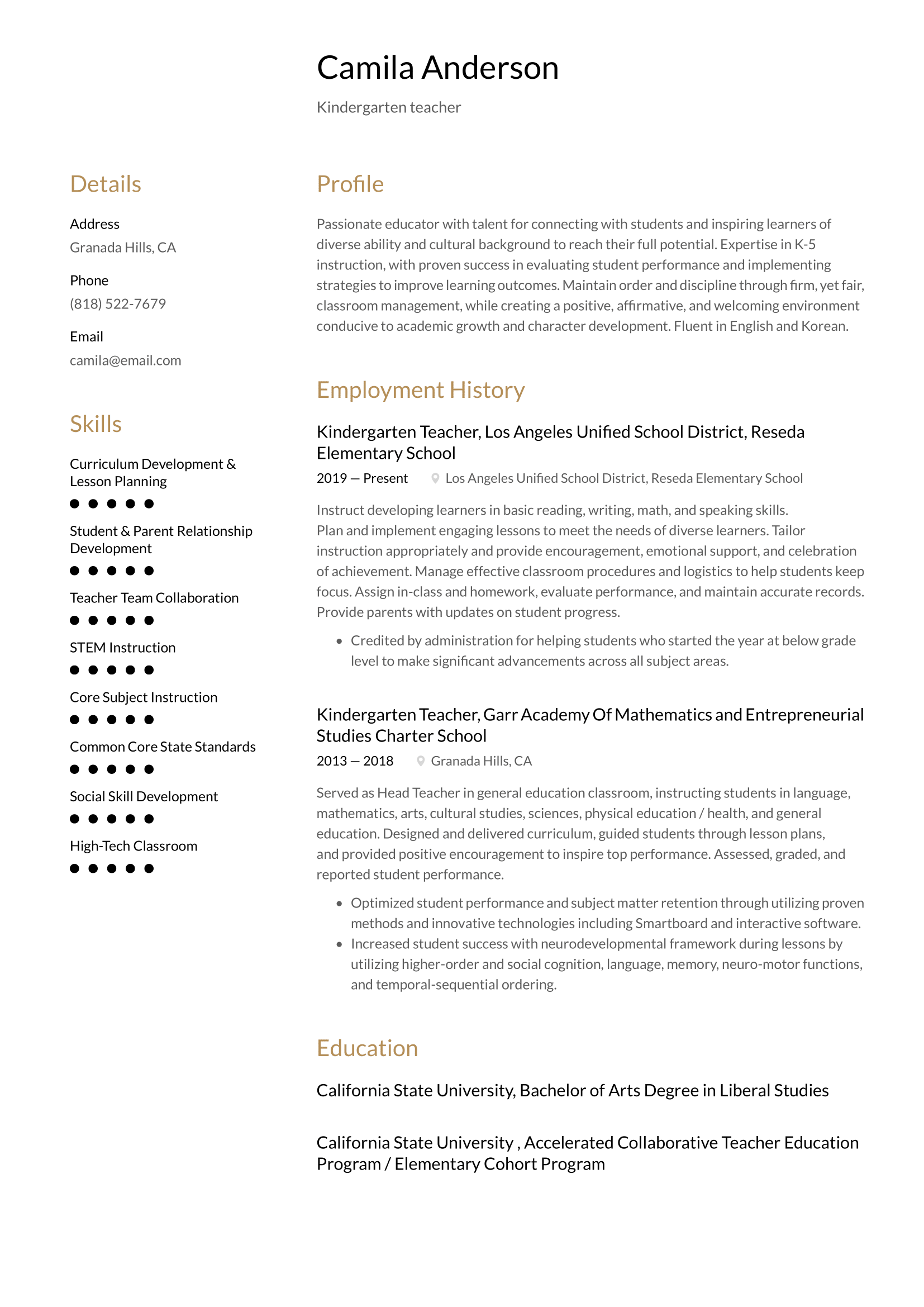 Kindergarten Teacher Resume Example & Writing Guide