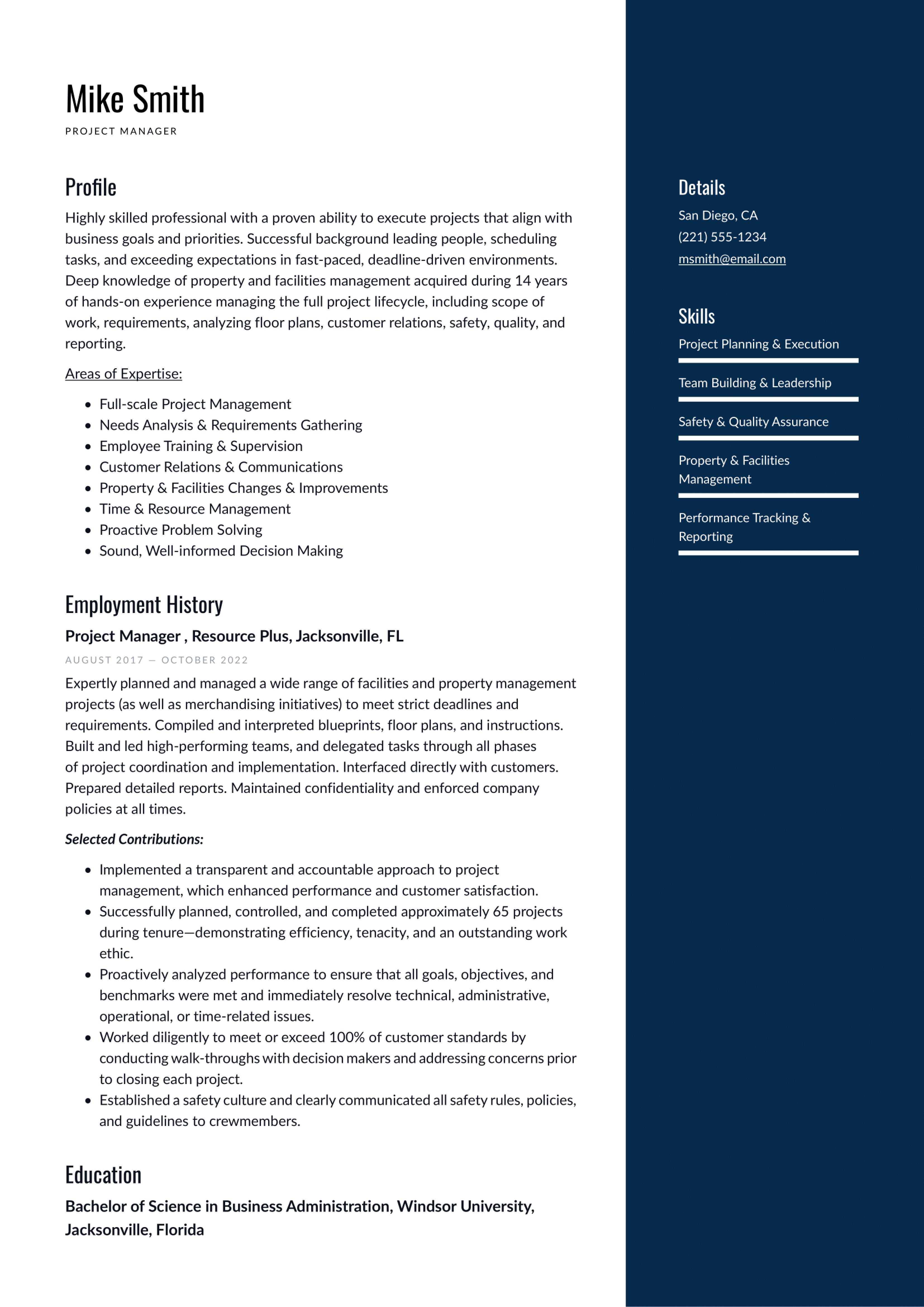 Project Manager Resume Example 