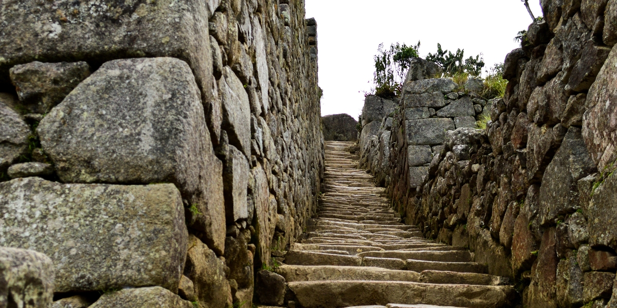 Stone stairs in Machu Picchu, Inca archaeological site in Peru