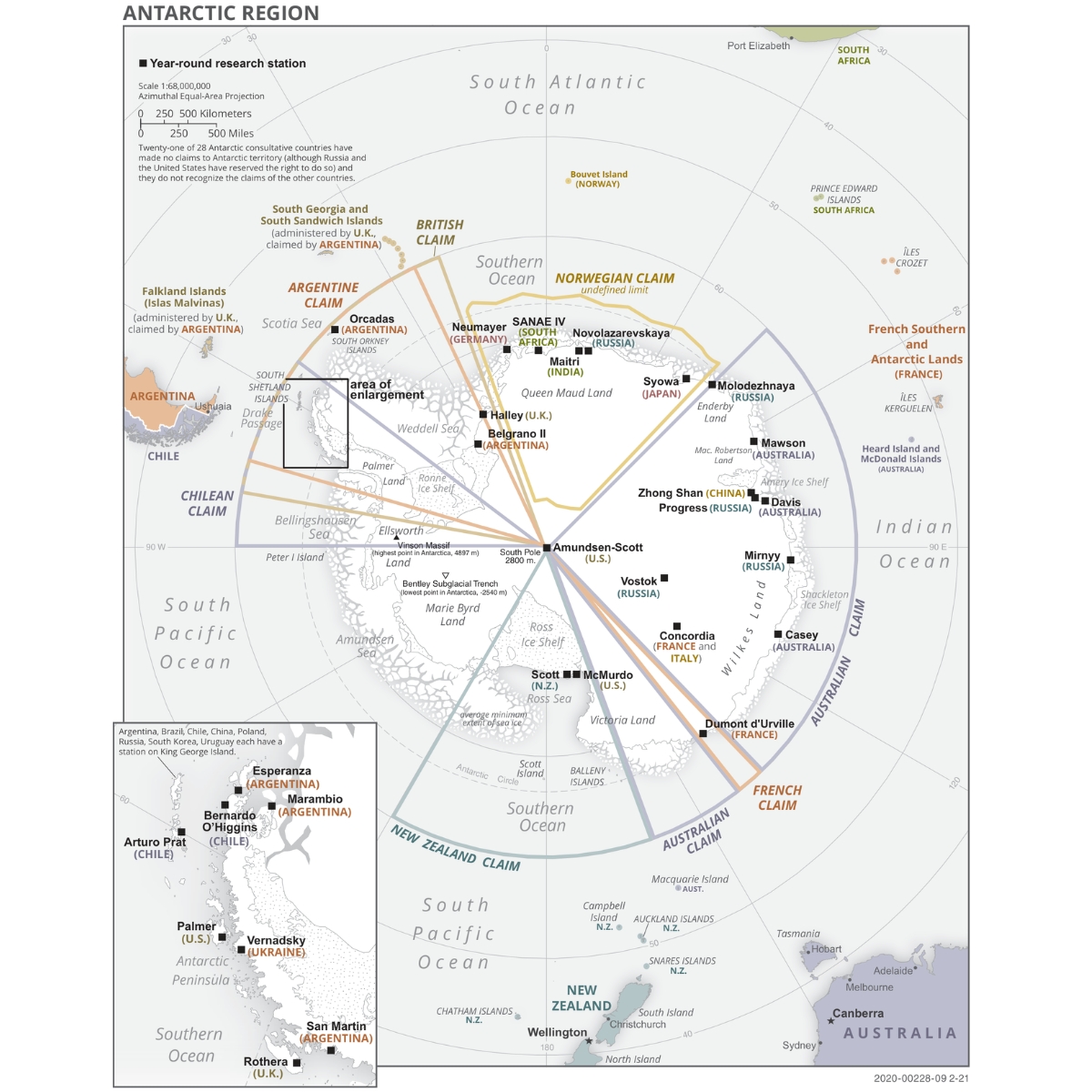 Political Map of research stations and territorial claims in Antarctica, 2015