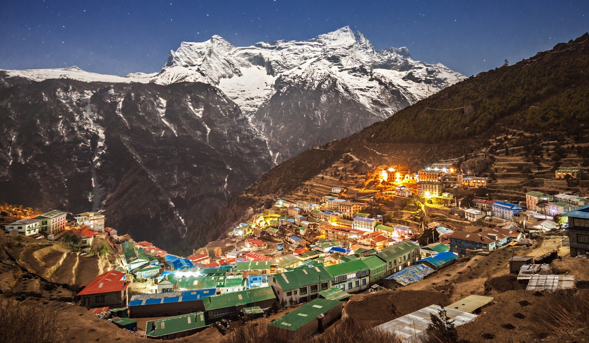 View of Mount Everest in the Himalayas at Namche Bazaar, Nepal