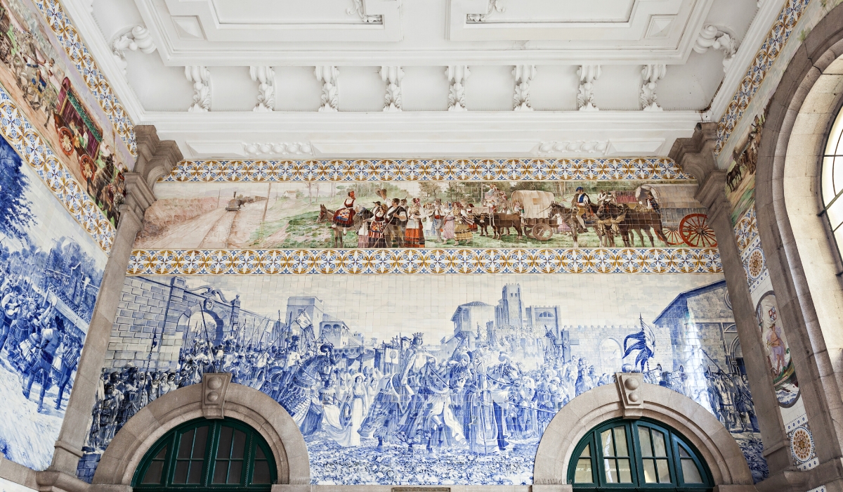 Intricate tile and artwork of São Bento Railway Station in Porto, Portugal