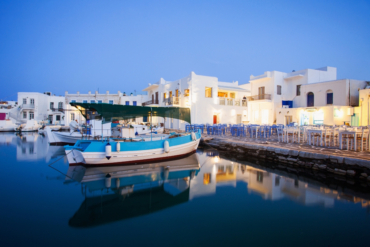 Evening boats docked at Paros Island, Greece