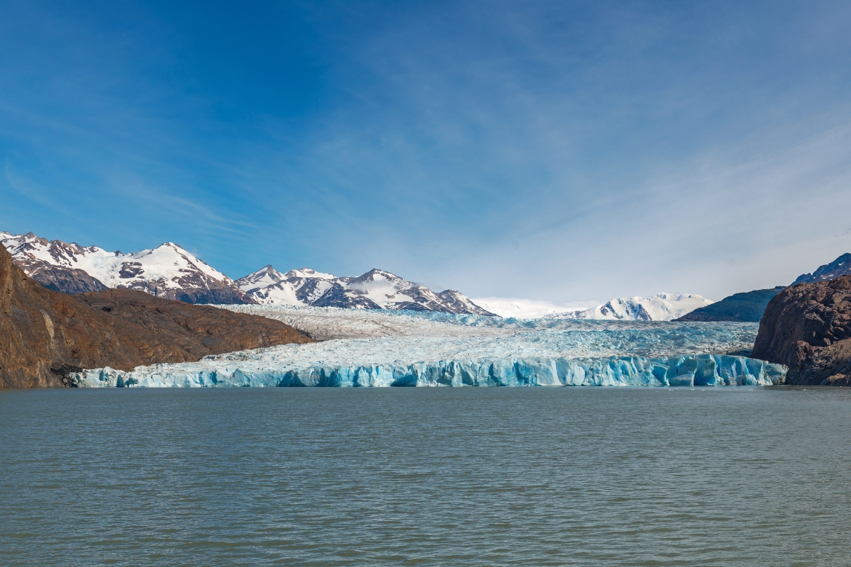 Glacier Grey with rugged landscape background in Torres del Paine National Park, Patagonia, Chile