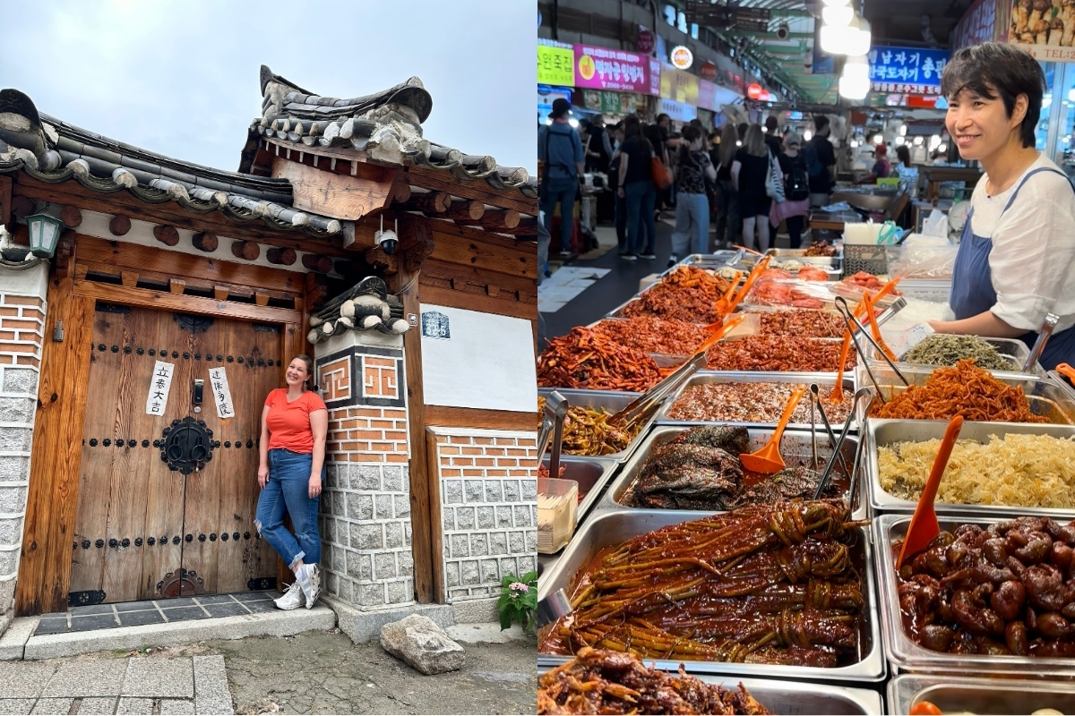 Visiting Bukchon Hanok Village (left) and tasting the flavors of South Korea at Gwangjang Market (right). (Photo: Jackie Becker)