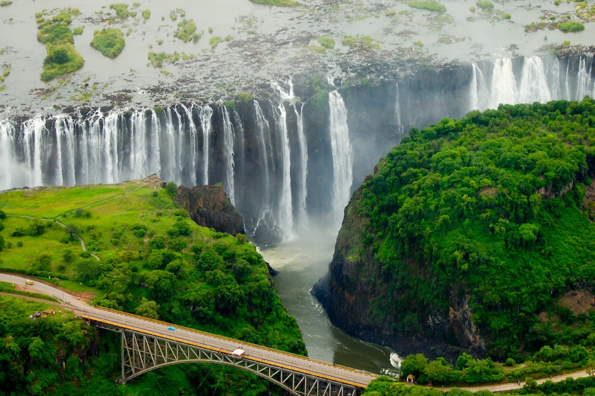 Victoria Falls aerial view with road bridge, between Zimbabwe and Zambia, Africa