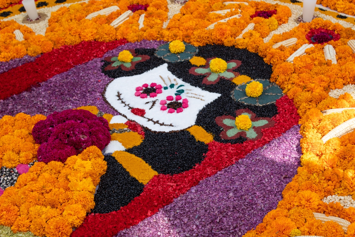 Day of the Dead, Dia de los Muertos skull decoration of Marigold flowers in Mexico