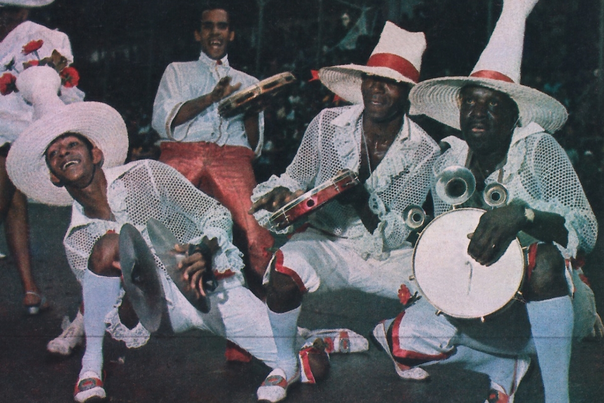 People playing percussion instruments in Carnival in Rio de Janeiro, Brazil, 1968