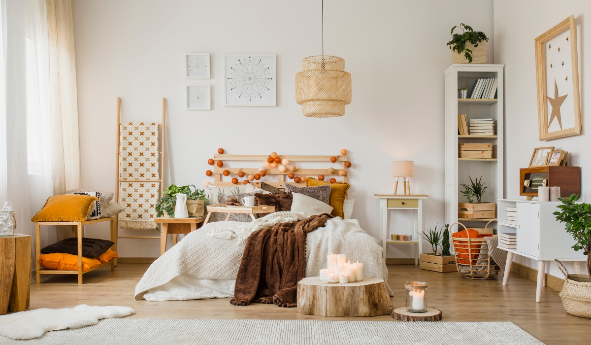 Hygge, Scandinavian interior design of bedroom