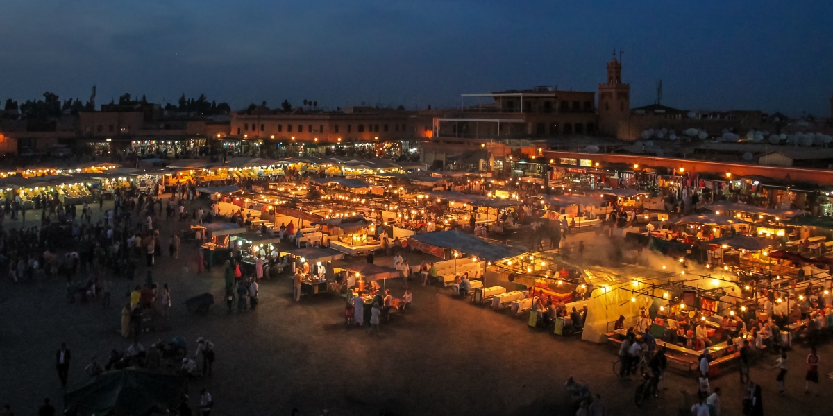 Jemaa el-Fnaa souks, market square at evening in Marrakech, Morocco