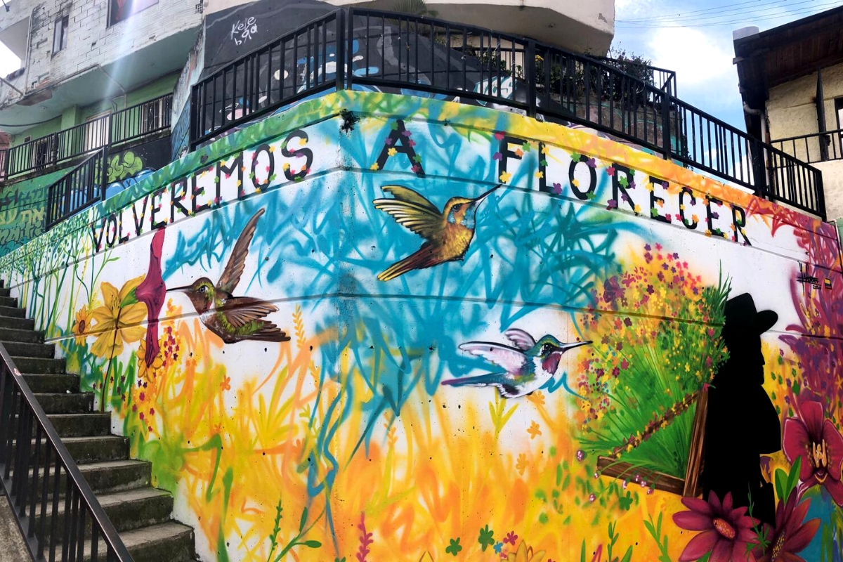 Graffiti art birds in Comuna 13 neighborhood in Medellin, Colombia
