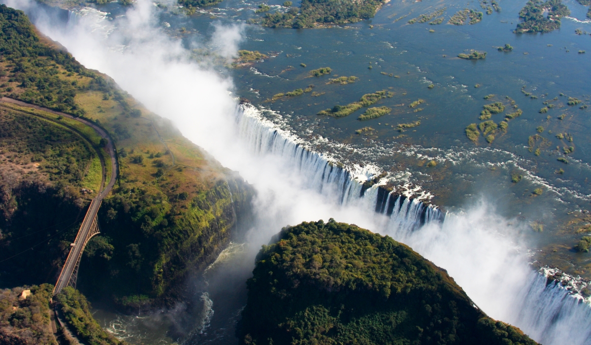 Aerial view of Victoria Falls and road on the border of Zambia and Zimbabwe, Africa