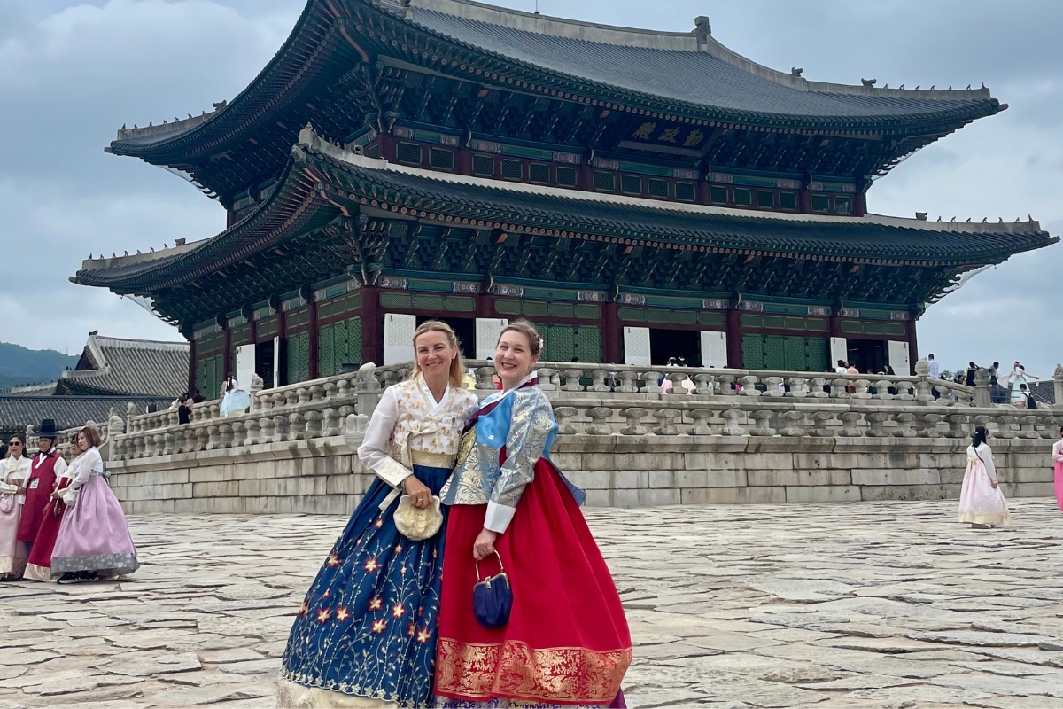 Experiencing Korean culture by wearing a hanbok, Korea’s traditional clothing (Photo: Jackie Becker). 