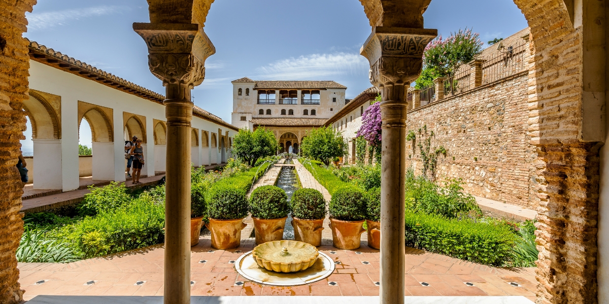 Generalife palace with green courtyard in Alhambra, Granada, Spain