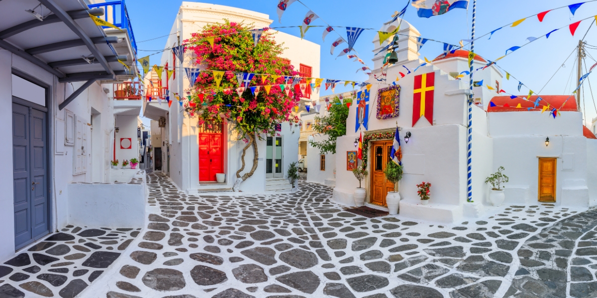 Panorama of stoned streets and alleyways in Mykonos Greek Island, Greece