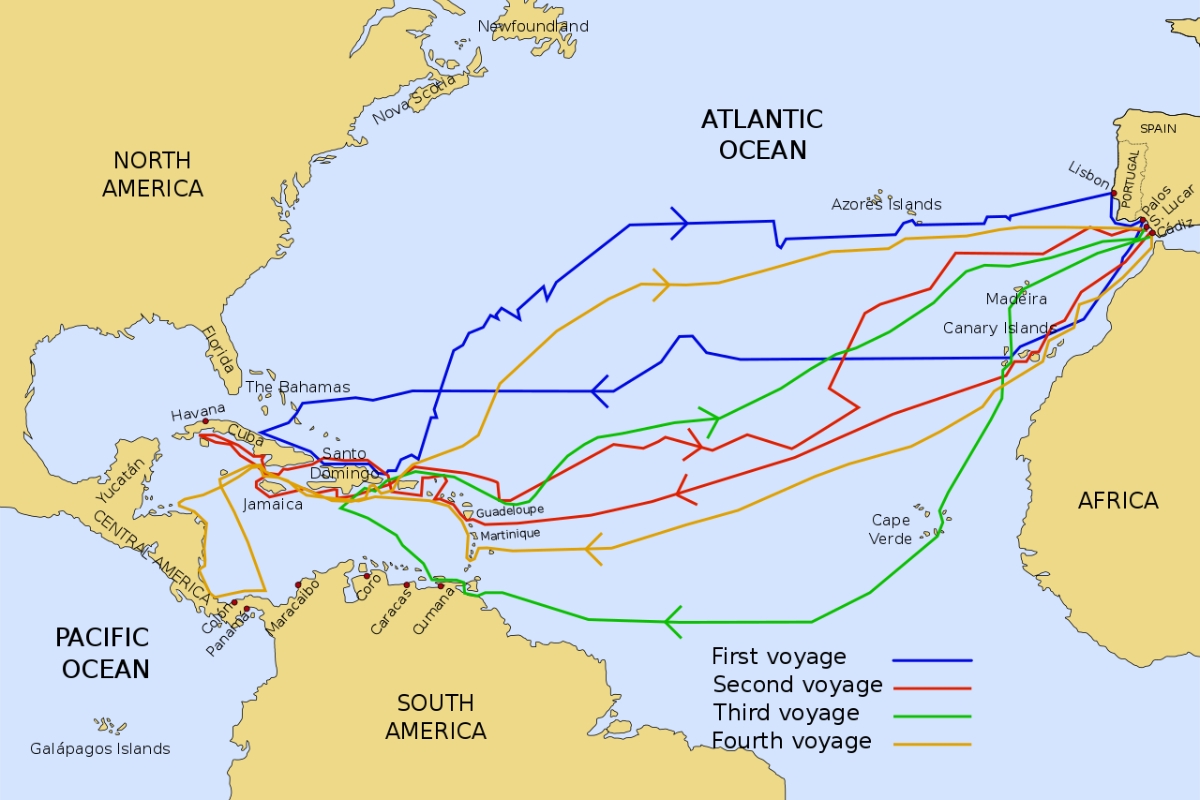 Map of routes, four Voyages of Christopher Columbus maritime expeditions from 1492 to 1504, from Spain and Portugal to the Caribbean Islands and America