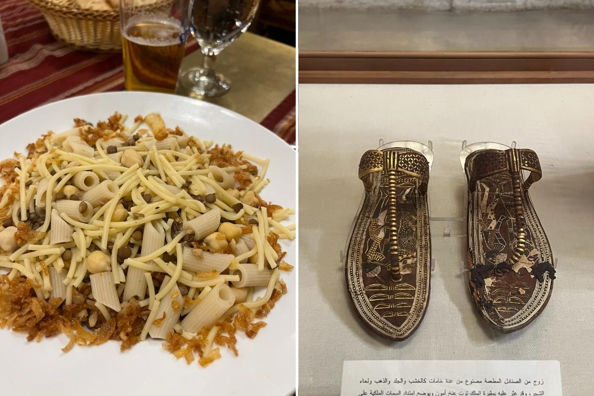Koshari Egyptian food pasta & Tutankhamun ancient sandals in Cairo Egypt