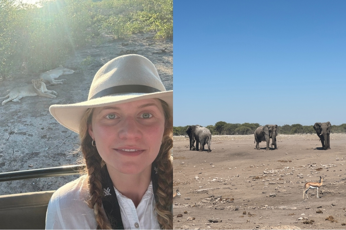 Julia Steck and elephants on safari in Etosha, Namibia