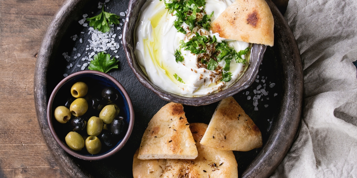 Labneh with bread, Jordanian food cuisine