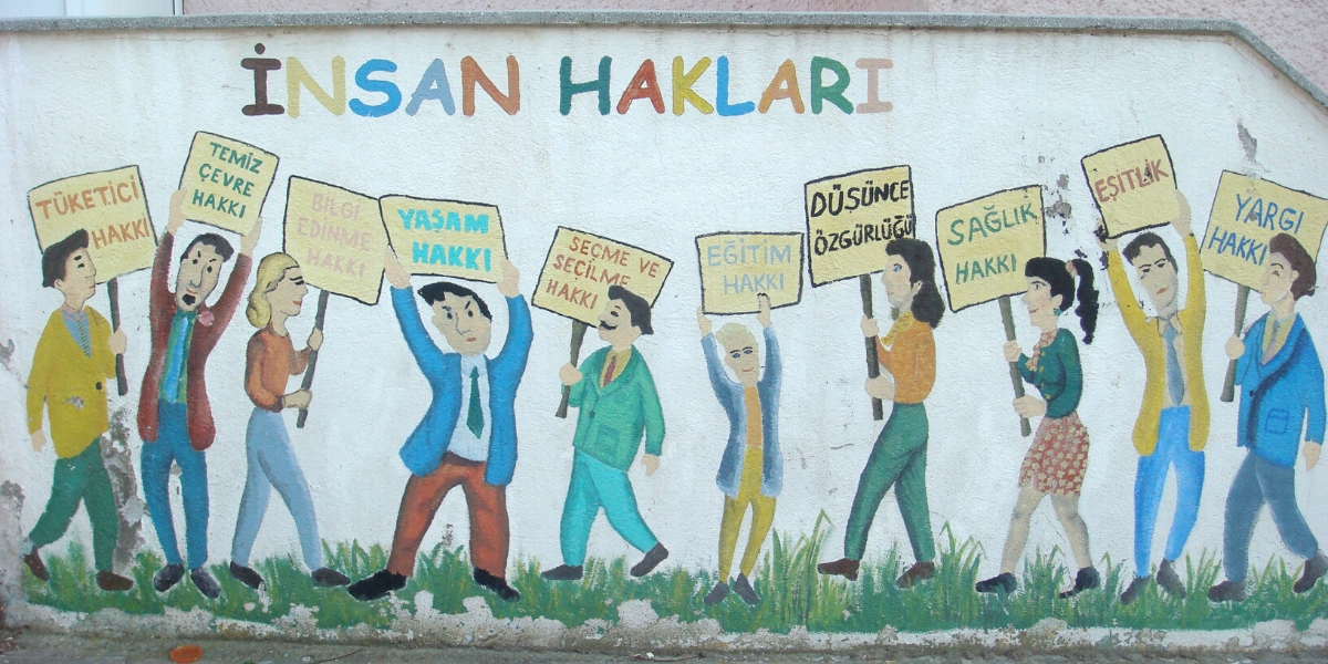Mural depicting human rights demonstration outside of the public education building in Bayramic, Turkey