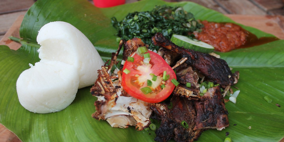 Sadza and guineafowl traditional Zimbabwean food, cuisine in Southern Africa