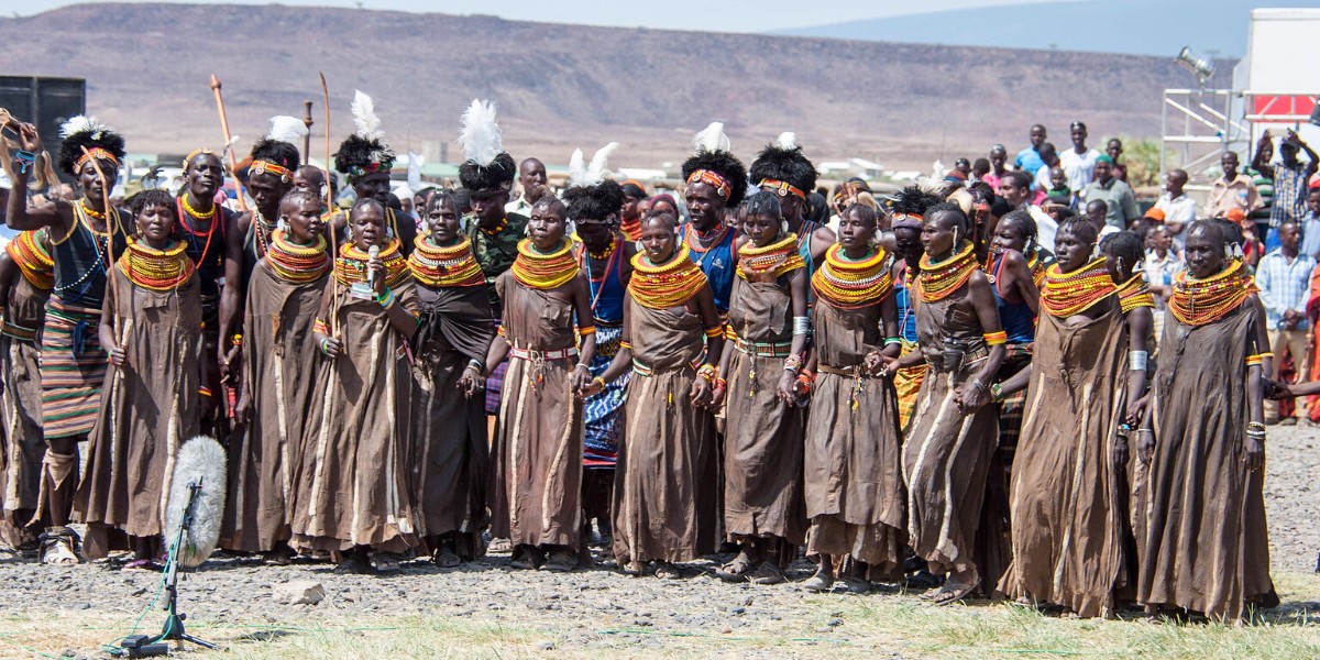 Turkana people dancing a Turkana Cultural Festival near Lake Turkana, Kenya 2016