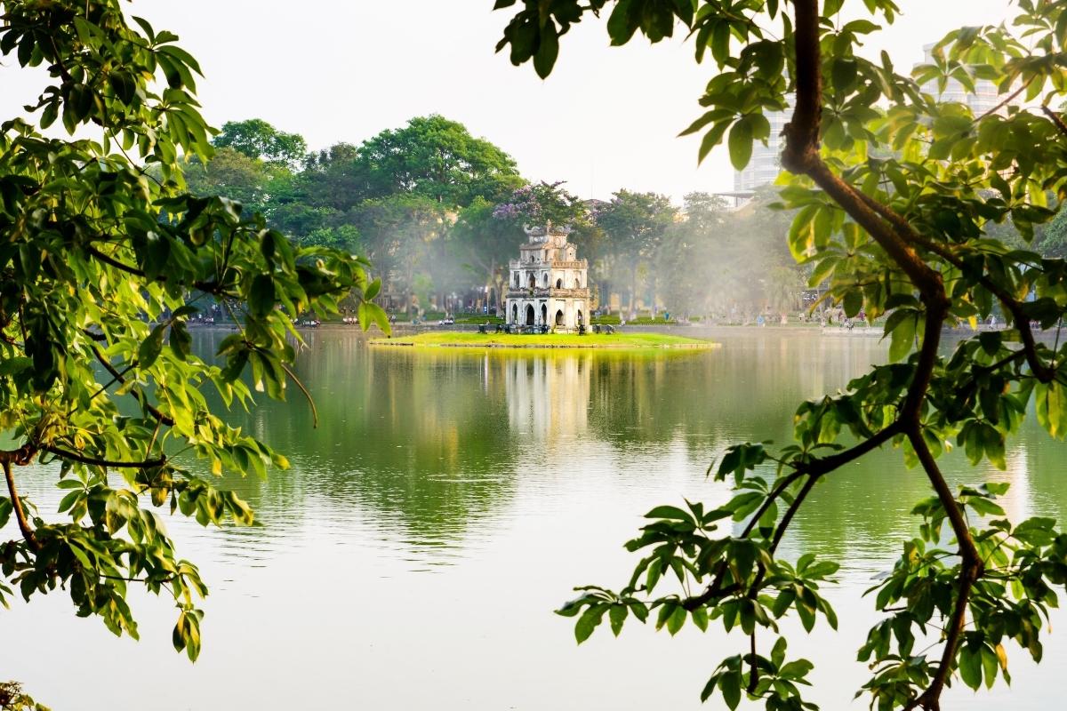 Turtle Tower in Hoan Kiem Lake at Hanoi Vietnam