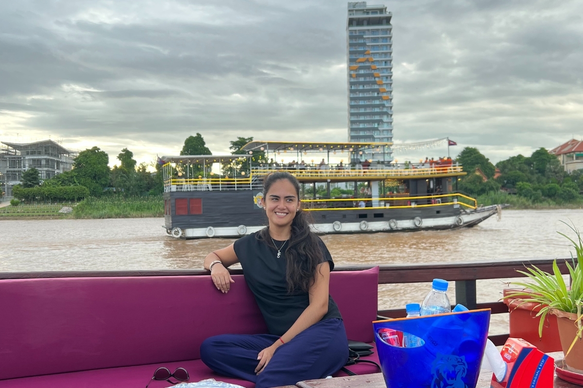 Claudia on a sunset cruise on the Makong River in Phnom Penh, Cambodia