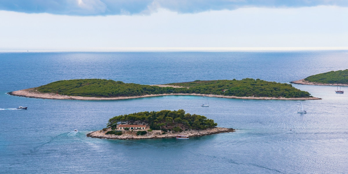 Aerial view of Pakleni Islands in Adriatic Sea of Croatia