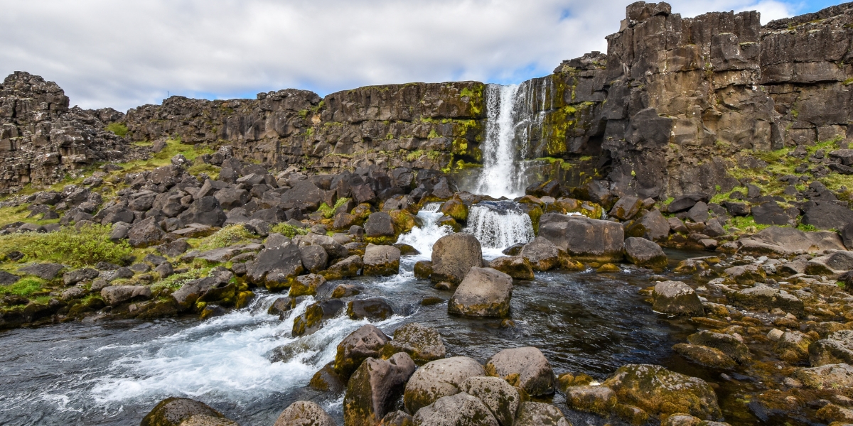 Waterfall and river at Þingvellir National Park on the Golden Circle in Iceland