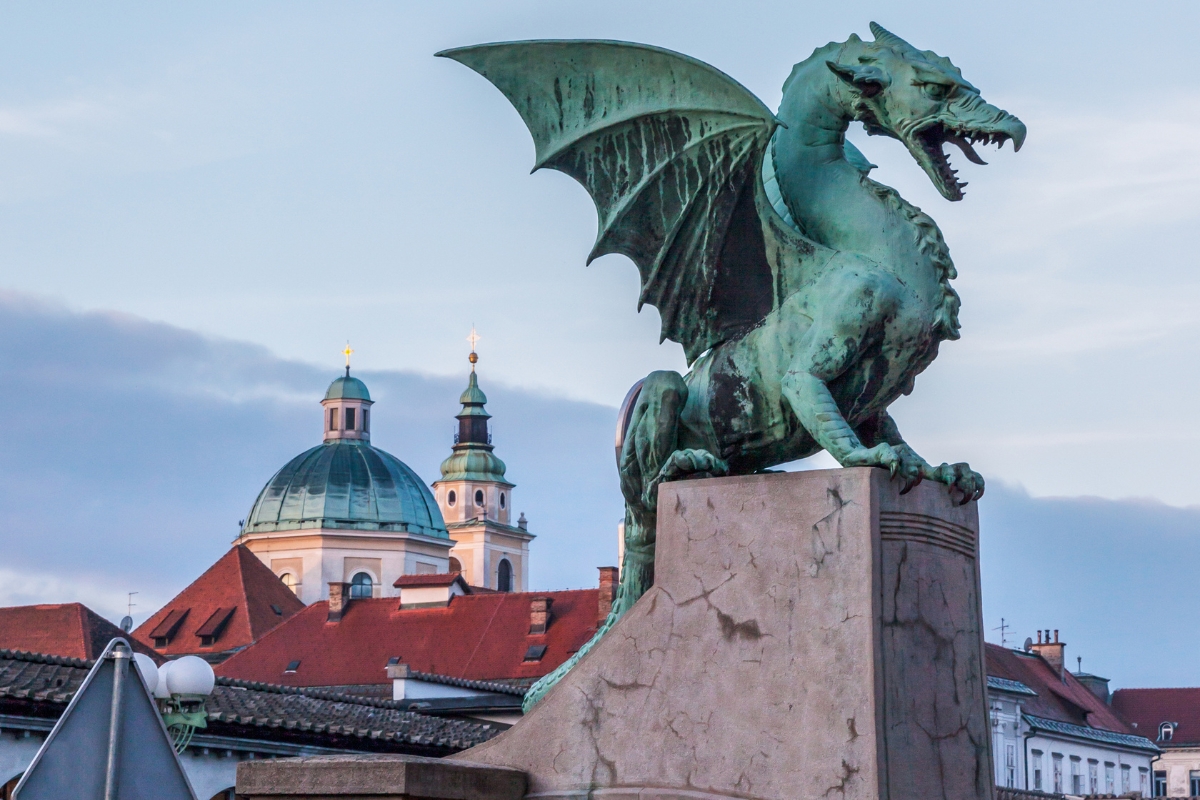 Dragon statue on Dragon Bridge in Ljubljana, Slovenia