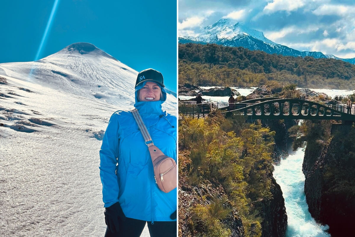 Osorno Volcano and Vicente Perez Rosales National Park views of bridge and water in Lake District, Chile